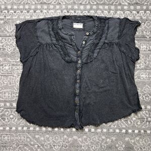 We The Free Sophia Henley Women's Top Shirt Blouse Small Black Cotton Linen Boho